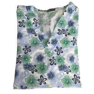 Absolute Workwear Blue Green Print Scrub Top‎ Uniform Pockets Women's Medium